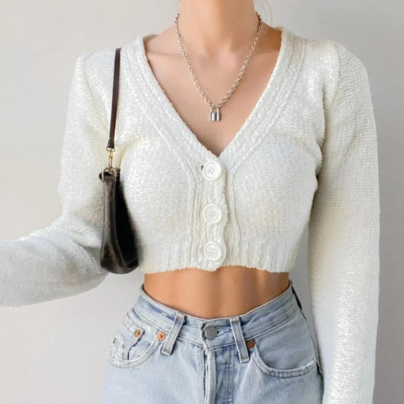 Urban Outfitters UO Soft Chenille Cropped Button Front Cardigan White Size Small - Picture 3 of 9